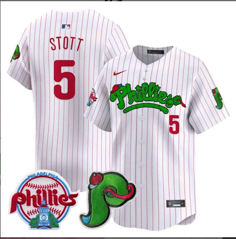 Men Philadelphia Phillies #5 Stott white with red strips Limited 2024 MLB Nike jersey